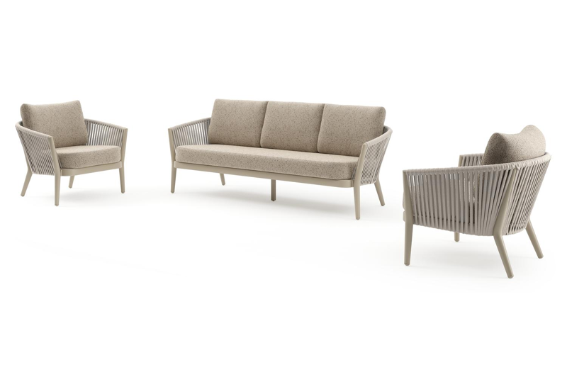 Orso loungeset in beige aluminium en beige verticaal geweven ronde rope met Bora Jungle all weather cosytica kussen