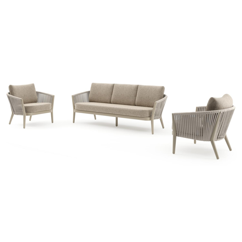 Orso loungeset in beige aluminium en beige verticaal geweven ronde rope met Bora Jungle all weather cosytica kussen