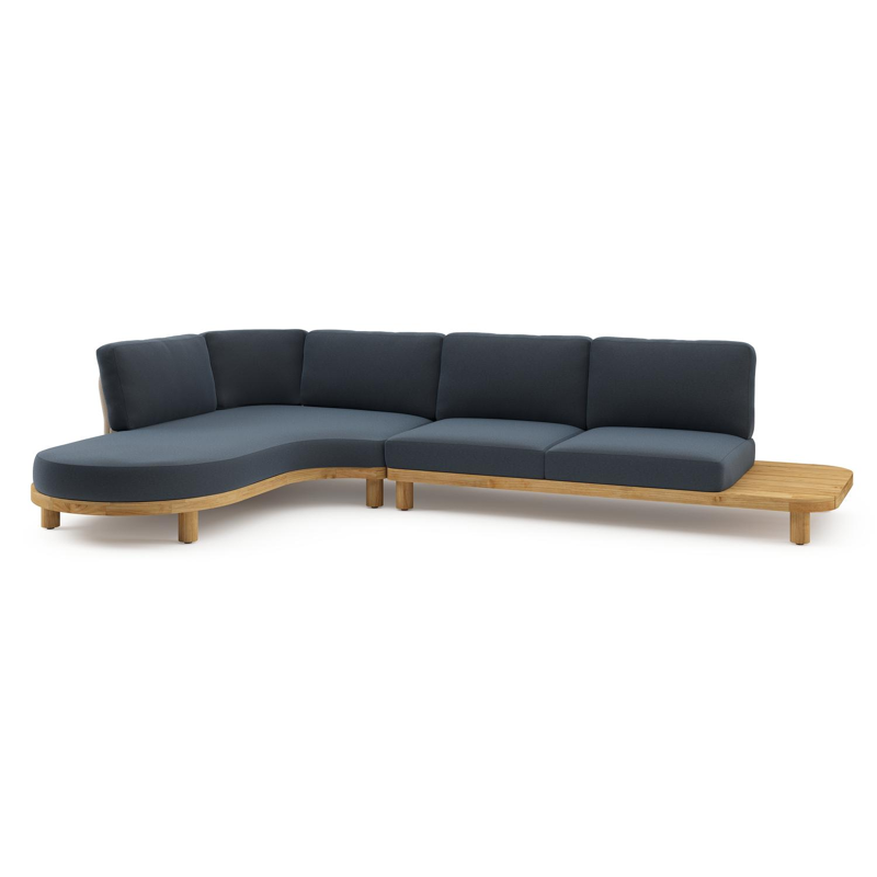 Donato loungehoek in teak en beige verticaal geweven ronde rope met all weather sunbrella® luxe Heritage Indigo kussen