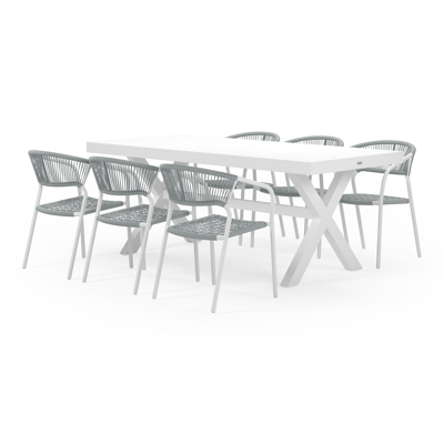 Bahia tuinset in wit aluminium en wit aluminium tafelblad met 6 stapelbare Vigo tuinstoelen