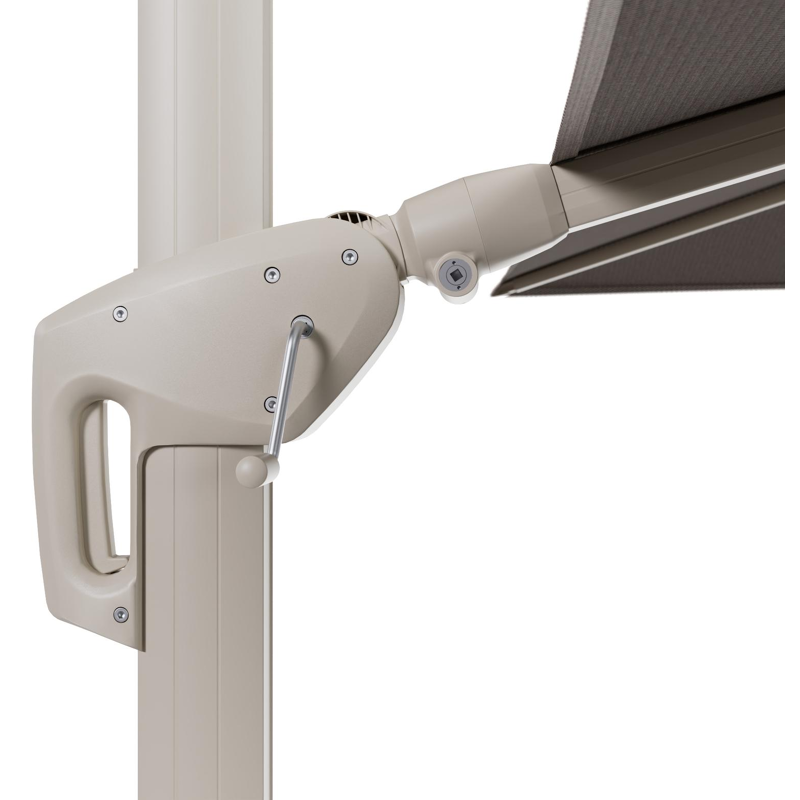 Minore zweefparasol met tiltfunctie in beige aluminium en Lopi Pepper All Weather Sunbrella® Luxe parasoldoek - L1 280 x L2 370 cm met parasolvoet Minore 260 kg met wielen
