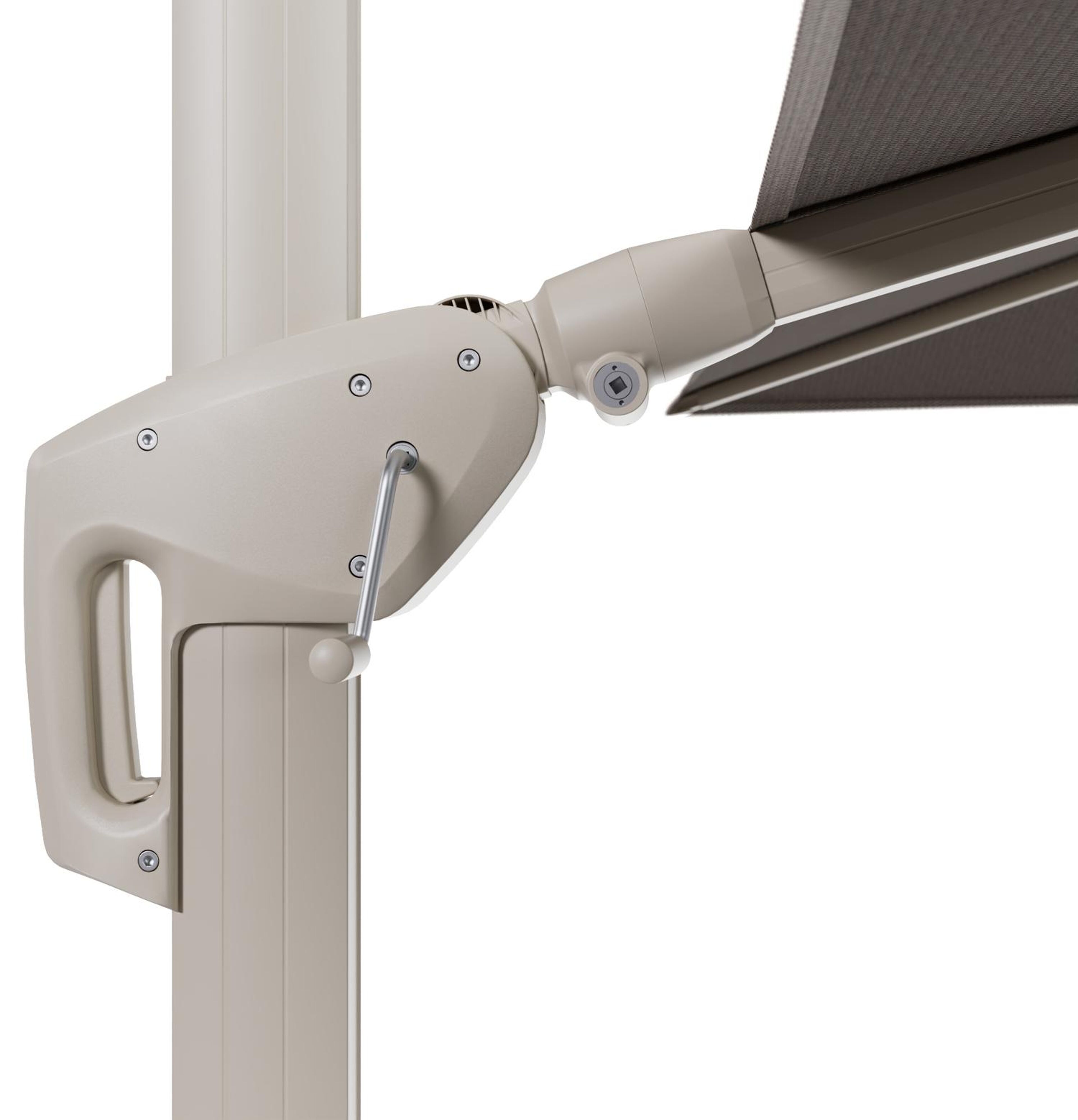 Minore zweefparasol met tiltfunctie in beige aluminium en Lopi Pepper All Weather Sunbrella® Luxe parasoldoek - L1 280 x L2 370 cm met parasolvoet Minore 260 kg met wielen