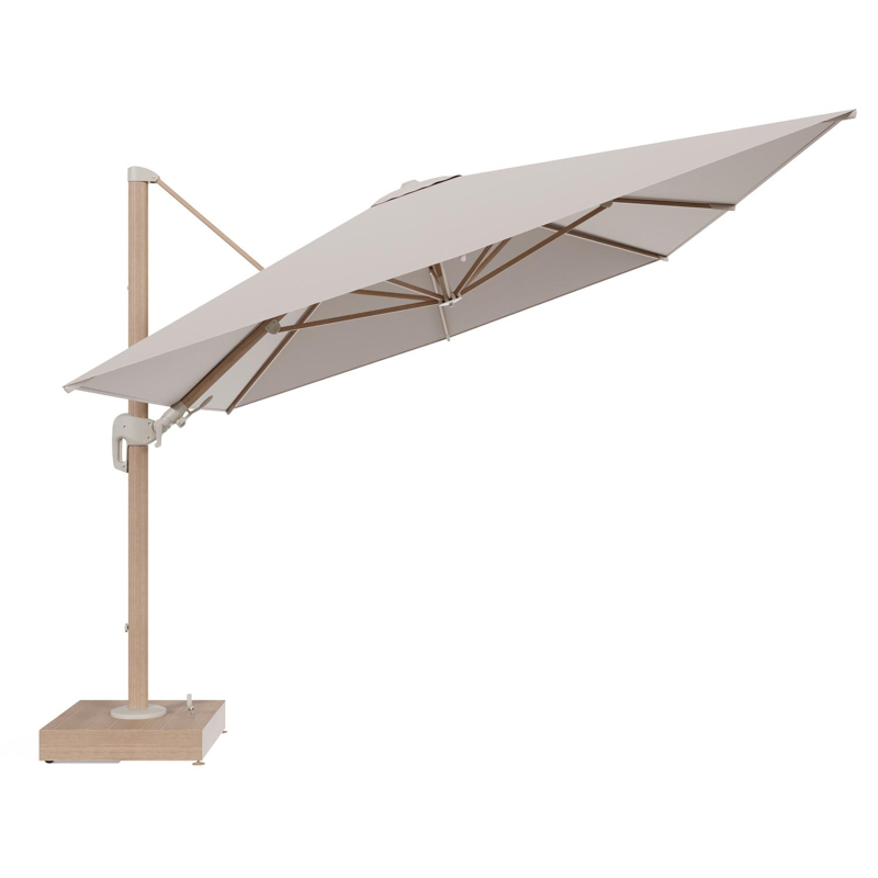 Rufina zweefparasol met tiltfunctie in houtlook aluminium en Wander Pilat All Weather Sunbrella® Luxe parasoldoek - L1 400 x L2 300 cm met parasolvoet Minore 150 kg met wielen
