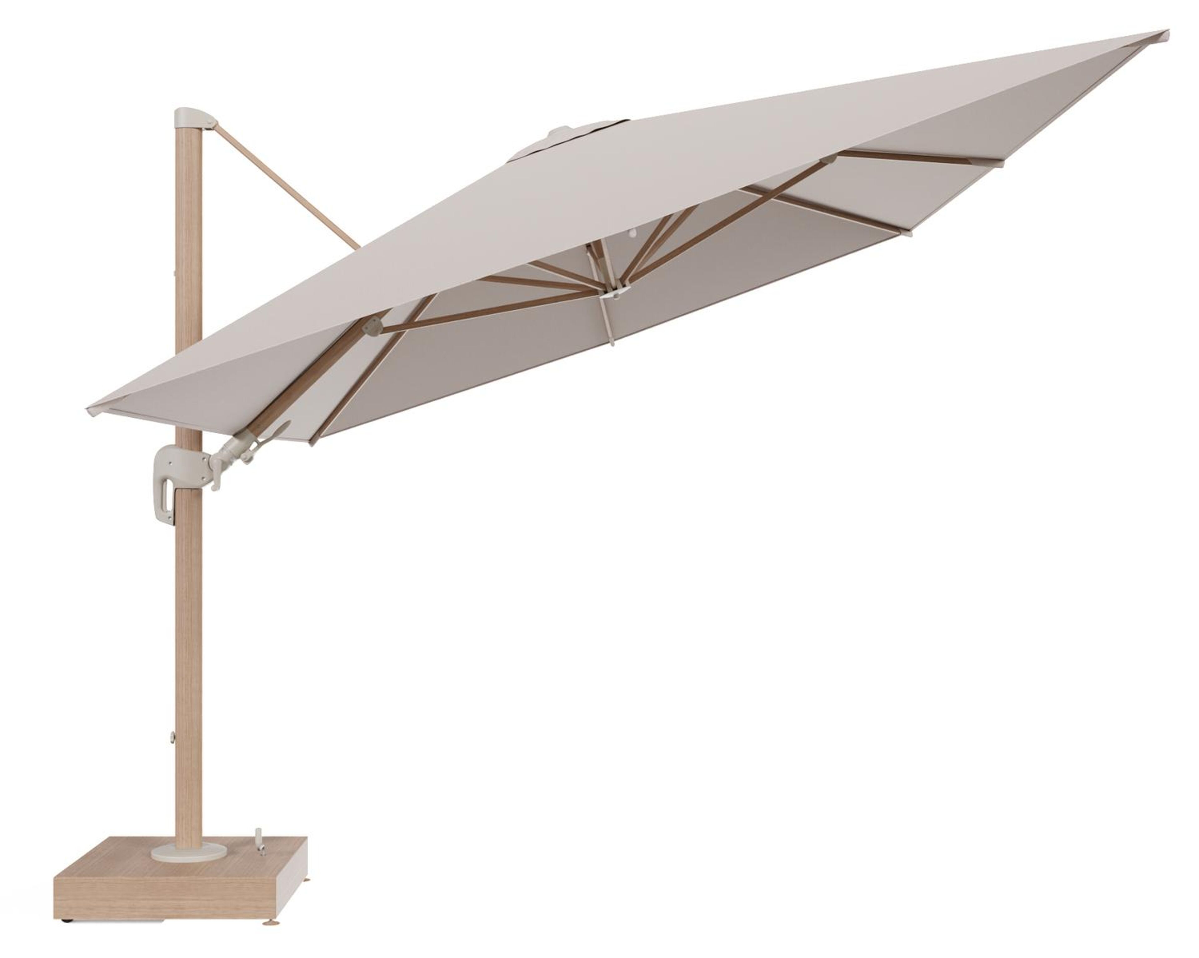 Rufina zweefparasol met tiltfunctie in houtlook aluminium en Wander Pilat All Weather Sunbrella® Luxe parasoldoek - L1 400 x L2 300 cm met parasolvoet Minore 150 kg met wielen