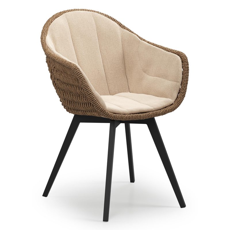 Pagino tuinstoel in zwart aluminium en bruin ronde wicker met zitkussen in All Weather Sunbrella® Luxe Natte Heather Beige