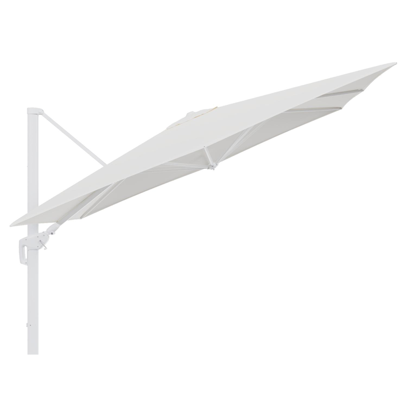 Parasol pendant Minore avec fonction tilt en aluminium blanc et toile de parasol en All Weather Sunbrella® Luxe Natte White - Lg.1: 280 x Lg.2: 370 cm (sans pied de parasol