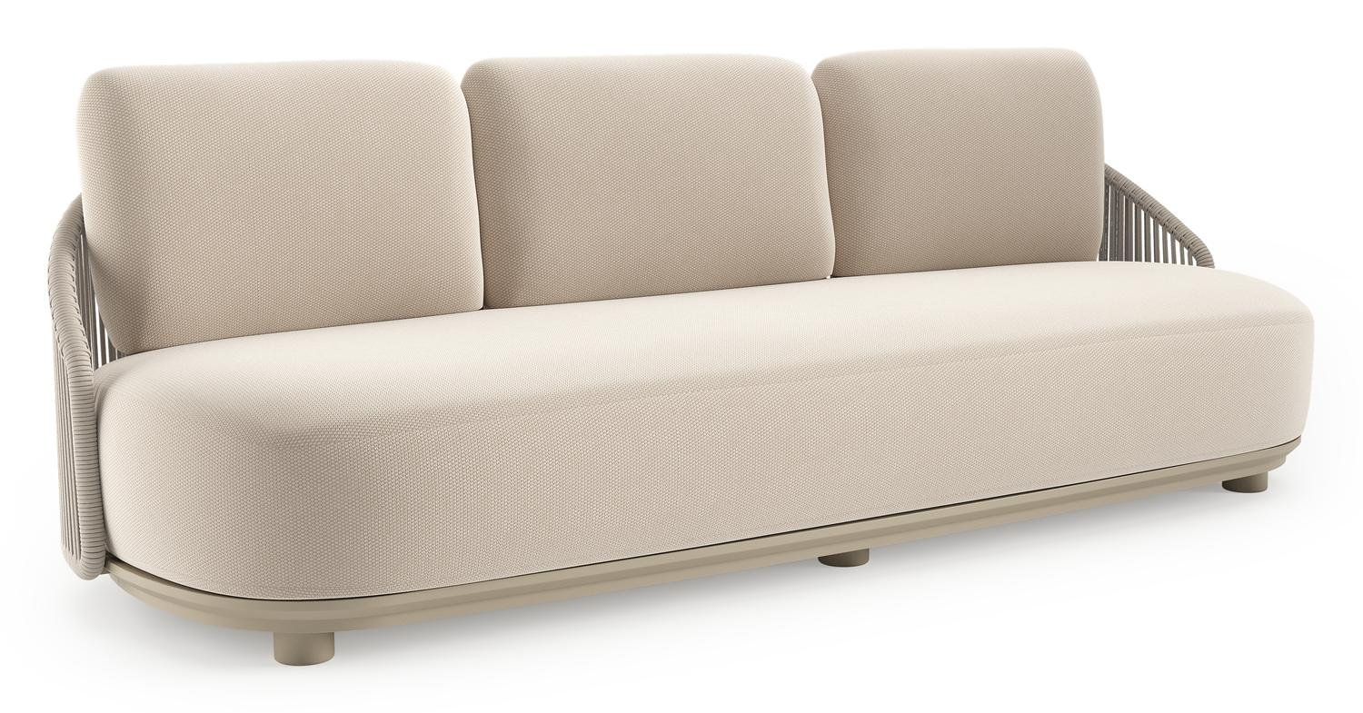 Vadelo loungebank in beige aluminium en beige verticaal geweven ronde rope met lopi antique all weather sunbrella® luxe kussen