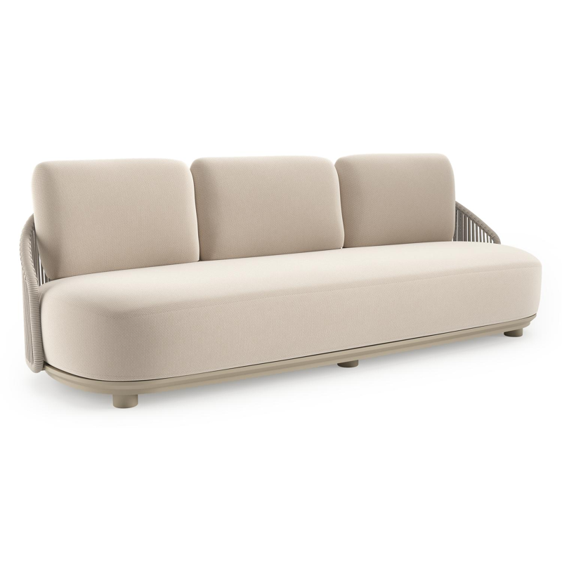 Vadelo loungebank in beige aluminium en beige verticaal geweven ronde rope met lopi antique all weather sunbrella® luxe kussen