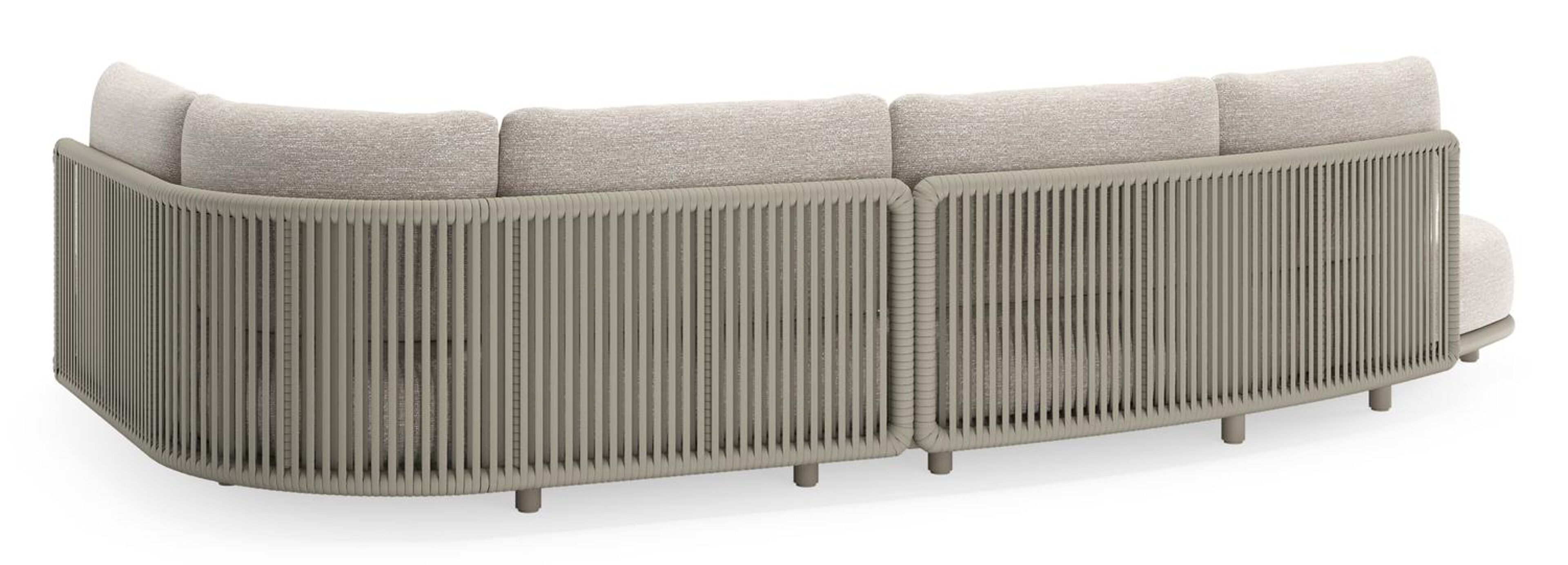 Salon de jardin d'angle Lomano en aluminium beige et corde luxe plate tissée verticalement beige et coussins en all weather sunbrella® luxe Tundra Sand