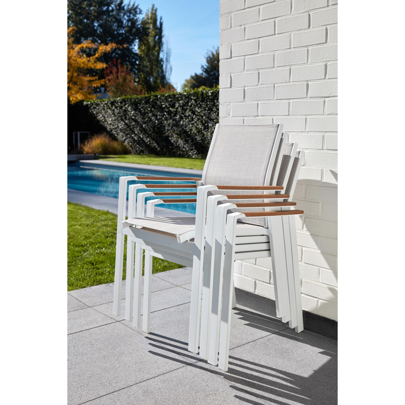 Ensemble de jardin Bahia en aluminium blanc avec plateau de table en polywood et 6 chaises de jardin empilables Bahia