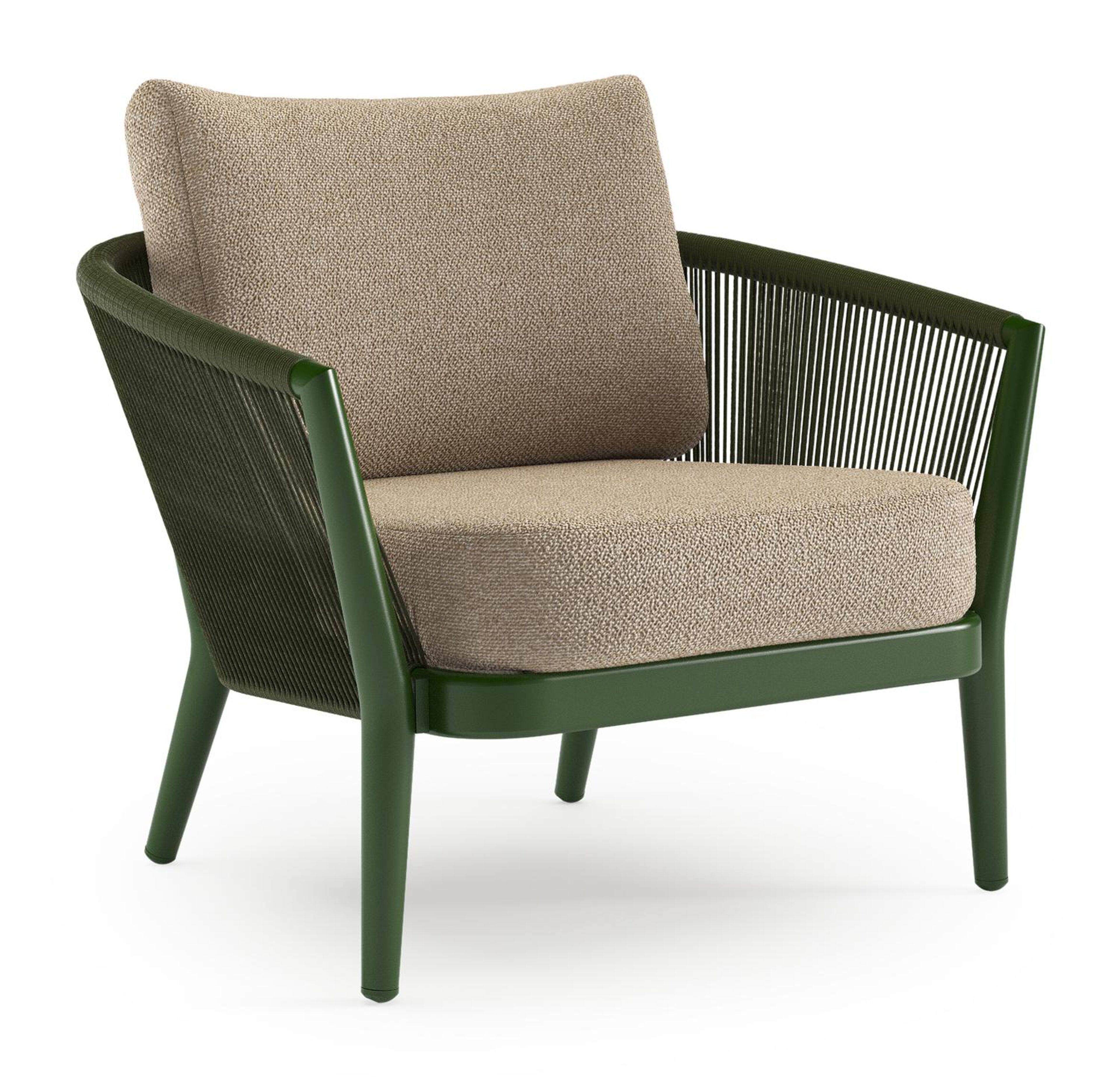 Fauteuil de jardin Orso en aluminium vert en corde ronde tissée verticalement vert et coussins en all weather cosytica Madagascar Oak