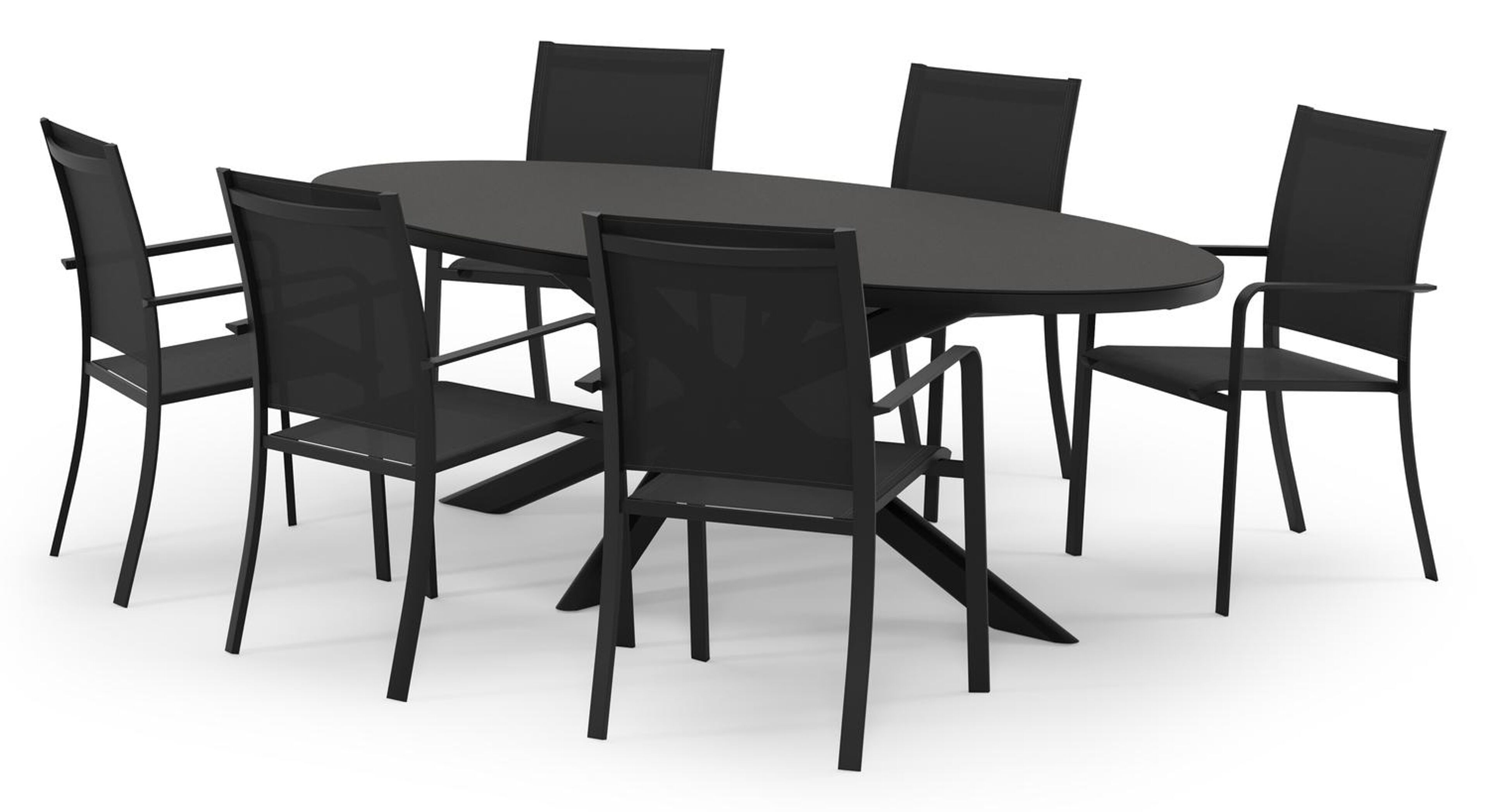 Pamplona ovale tuinset in zwart aluminium en sintered stone notte minerale met 6 Calobra tuinstoelen