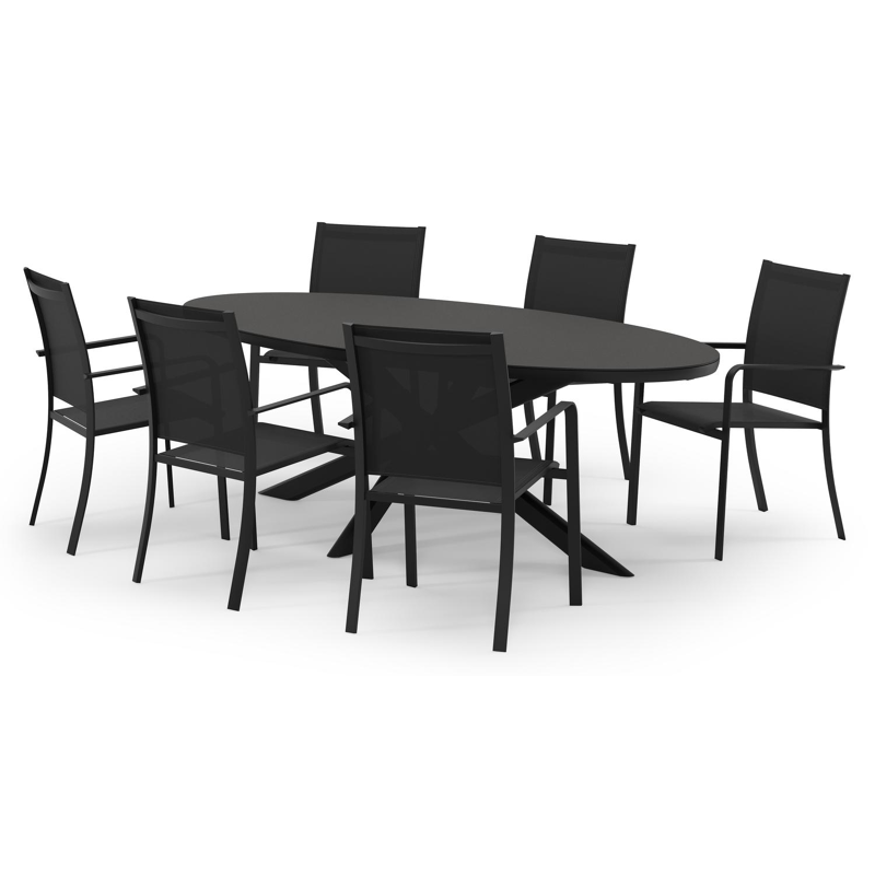 Pamplona ovale tuinset in zwart aluminium en sintered stone notte minerale met 6 Calobra tuinstoelen