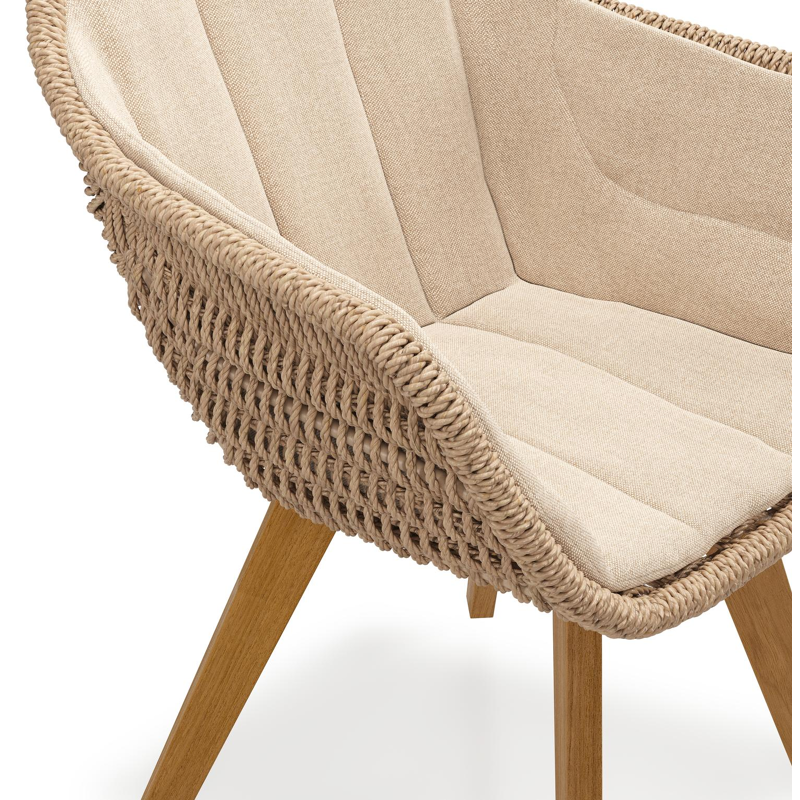 Pagino tuinstoel in teak en naturel wicker met kussen in natte heather beige all weather sunbrella® luxe