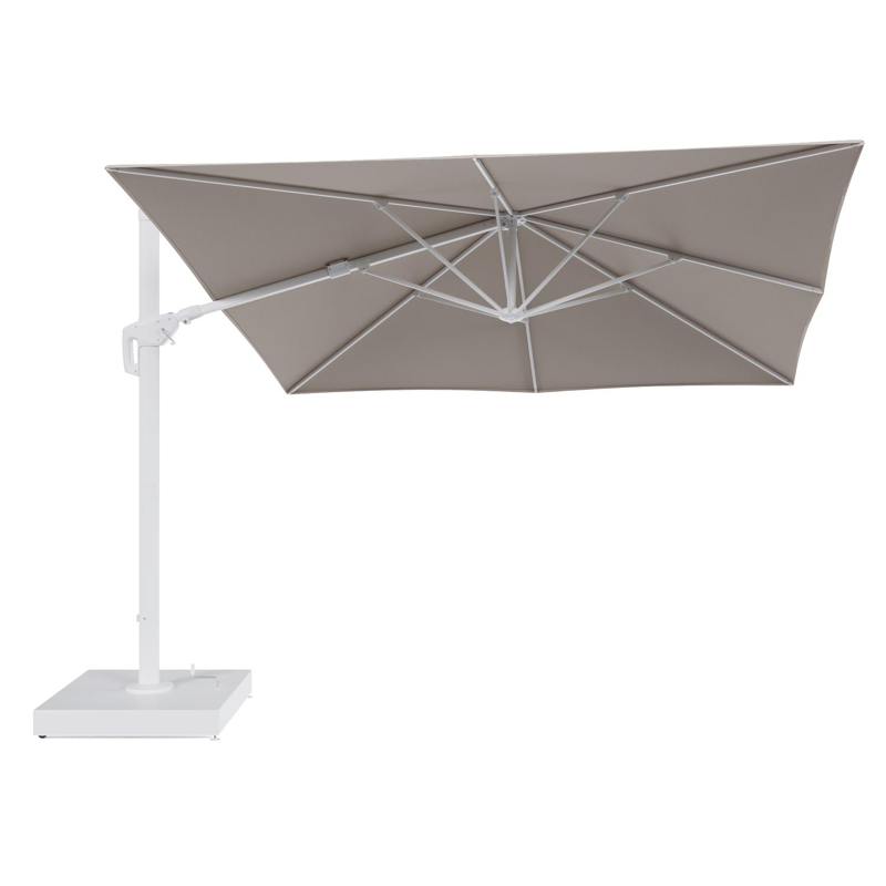 Parasol pendant Minore avec fonction tilt en aluminium blanc et toile de parasol All Weather Sunbrella® Luxe Heritage Ash - Lg.1: 350 x Lg.2: 350 cm avec pied de parasol Minore 260 kg avec roulettes