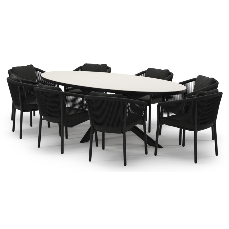 Ensemble de jardin Pamplona en aluminium noir et sintered stone crema minerale avec 8 chaises de jardin Gerona