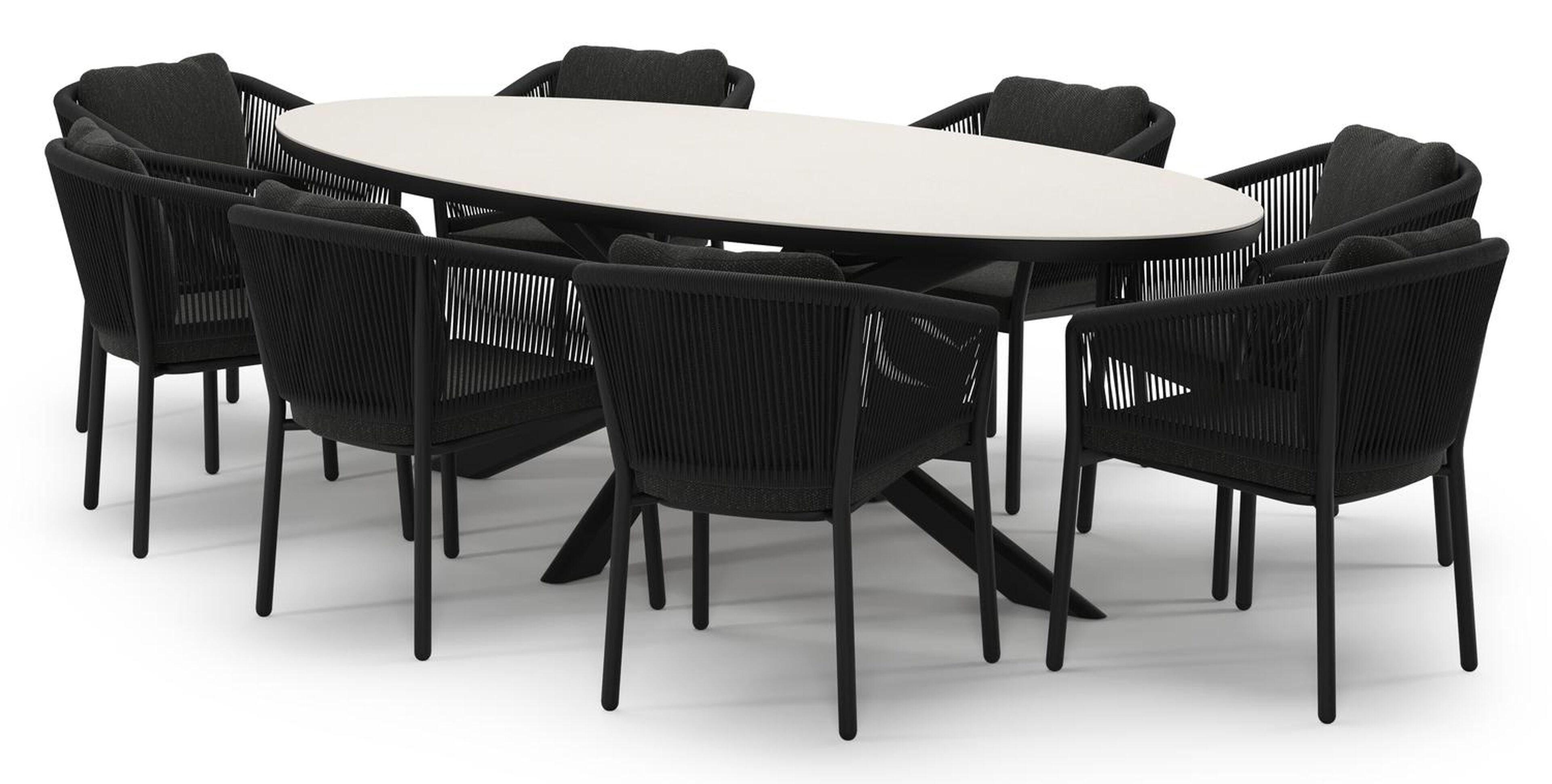 Ensemble de jardin Pamplona en aluminium noir et sintered stone crema minerale avec 8 chaises de jardin Gerona