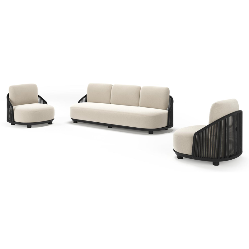 Vadelo loungeset in zwart aluminium en zwart verticaal geweven ronde rope met lopi marble all weather sunbrella® luxe kussen