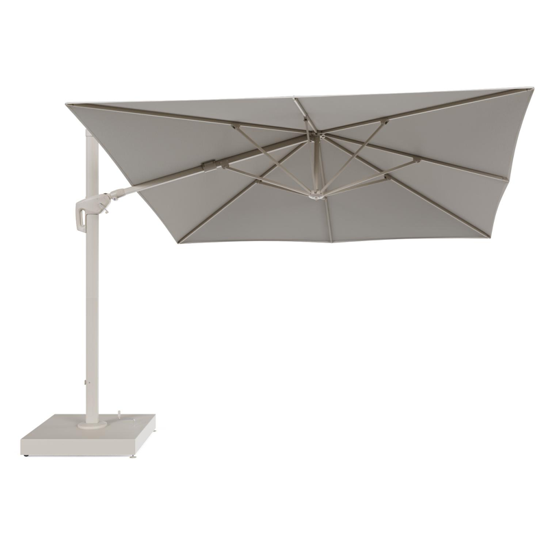 Minore zweefparasol met tiltfunctie in beige aluminium en Lopi Marble All Weather Sunbrella® Luxe parasoldoek - L1: 350 x L2: 350 cm met parasolvoet Minore 260 kg met wielen
