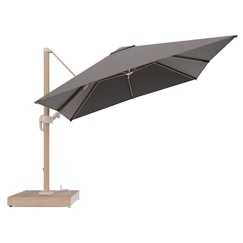 Rufina zweefparasol met tiltfunctie in houtlook aluminium en Natte Nature Grey All Weather Sunbrella® Luxe parasoldoek - L1 300 x L2 300 cm met parasolvoet Minore 260 kg met wielen
