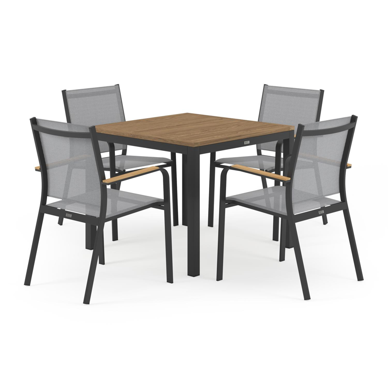 Feltro tuinset in zwart aluminium en naturel teak tafelblad met 4 stapelbare Amalfi tuinstoelen