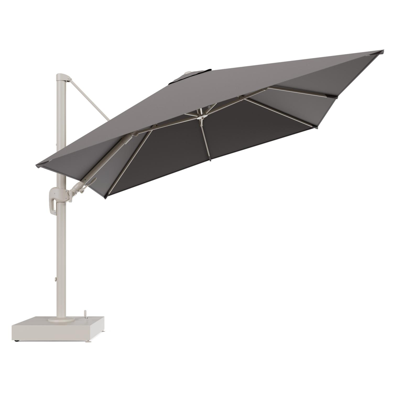 Rufina zweefparasol met tiltfunctie in beige aluminium en Natte Nature Grey All Weather Sunbrella® Luxe parasoldoek - L1 300 x L2 300 cm met parasolvoet Minore 150 kg met wielen