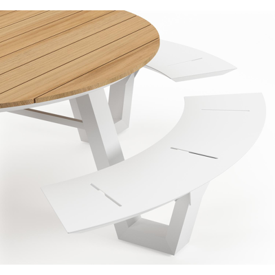Rondino picknicktafel in wit aluminium en teak tafelblad - Ø 236 x H 71,5 cm