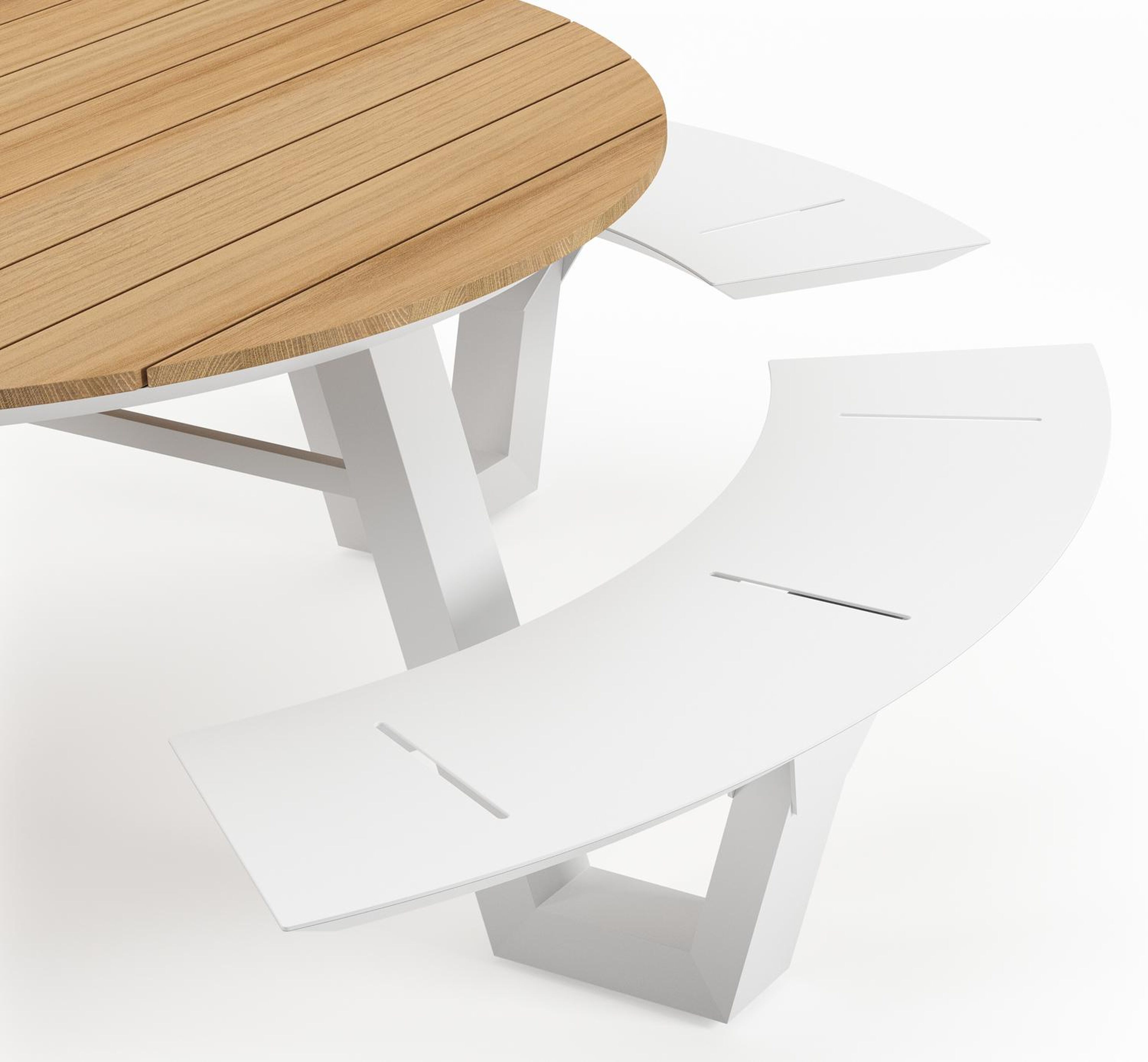 Table de pique-nique Rondino en aluminium blanc et teck - Dia. 236 x H 71,5 cm