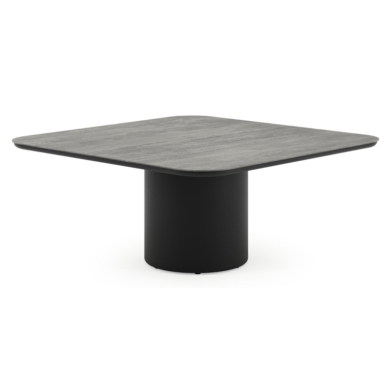 Amico low dining tuintafel afgerond vierkant in zwart aluminium en volkeramiek Aspen Grey - L 148 x B 148 x H 61 cm
