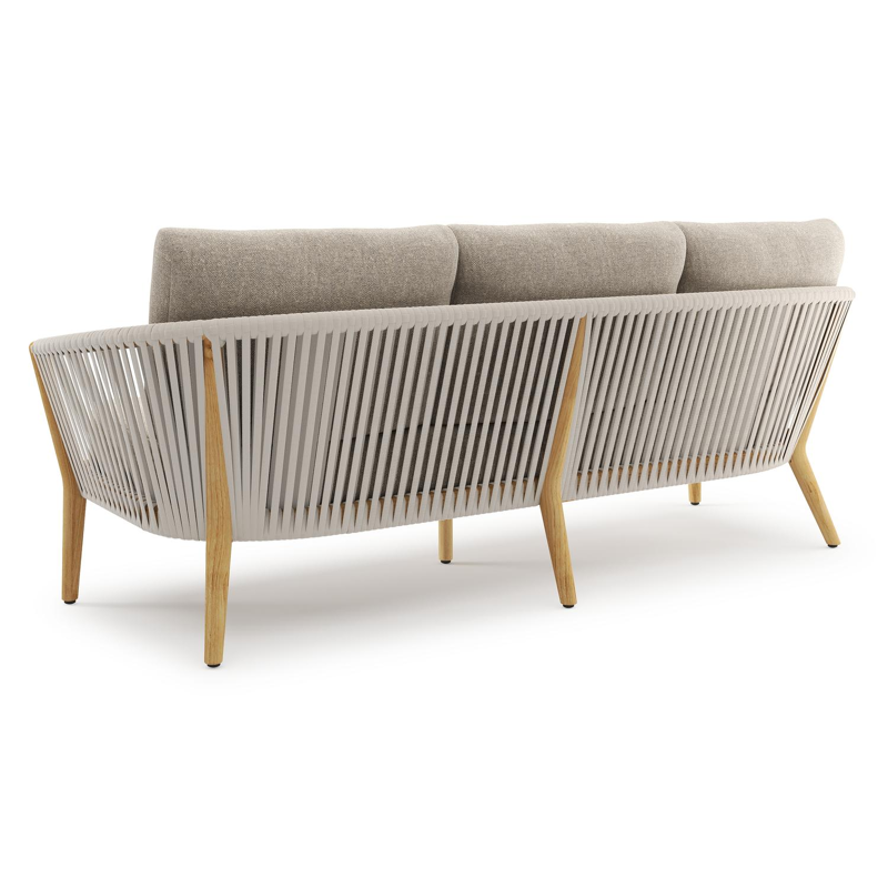 Orso loungebank in teak en beige verticaal geweven luxe vlakke rope met Chartres Pewter all weather sunbrella® luxe kussen