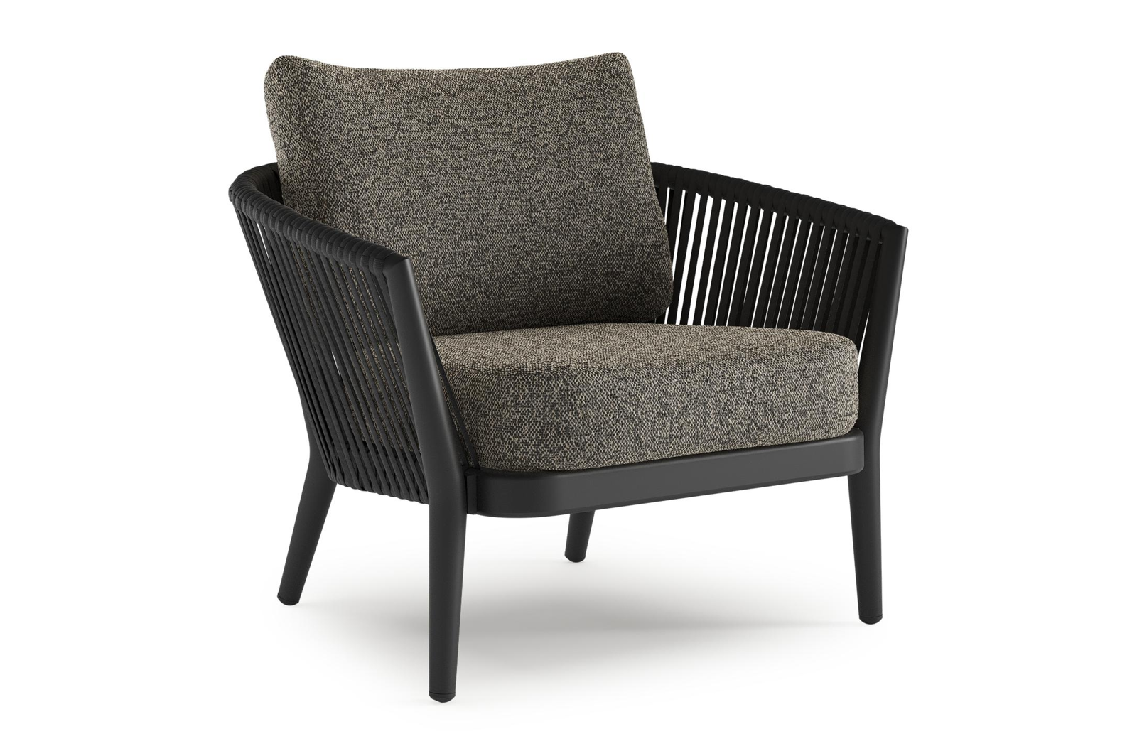 Orso loungestoel in zwart aluminium en zwart verticaal geweven ronde rope met Marbella Tunder all weather cosytica kussen