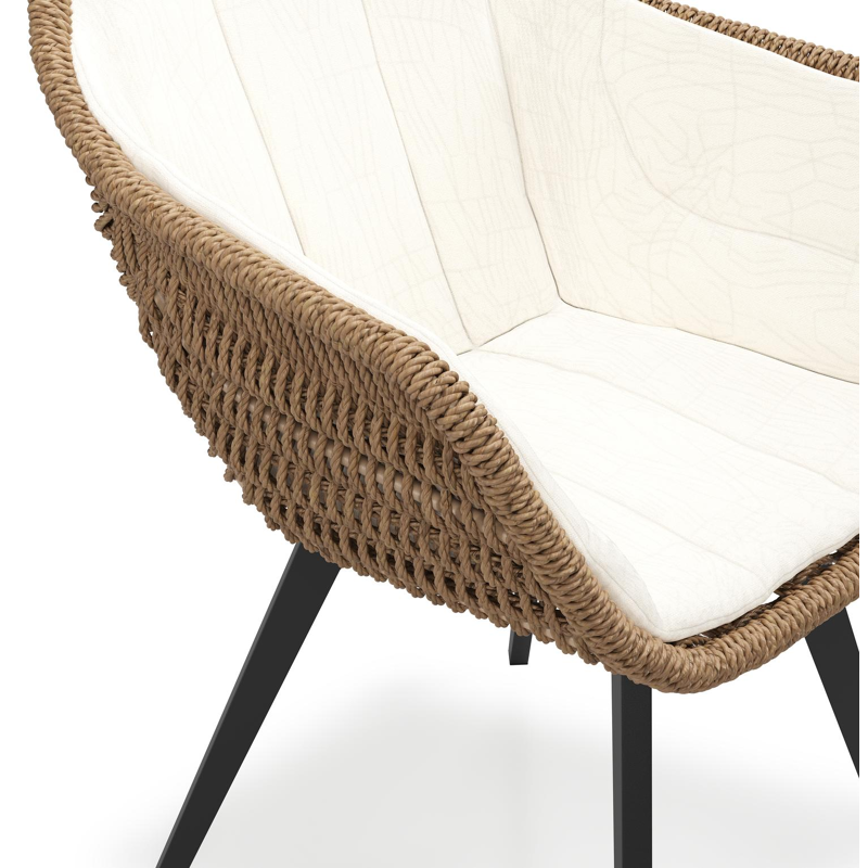 Pagino tuinstoel in zwart aluminium en bruin ronde wicker met zitkussen in All Weather Sunbrella® Luxe Natte White