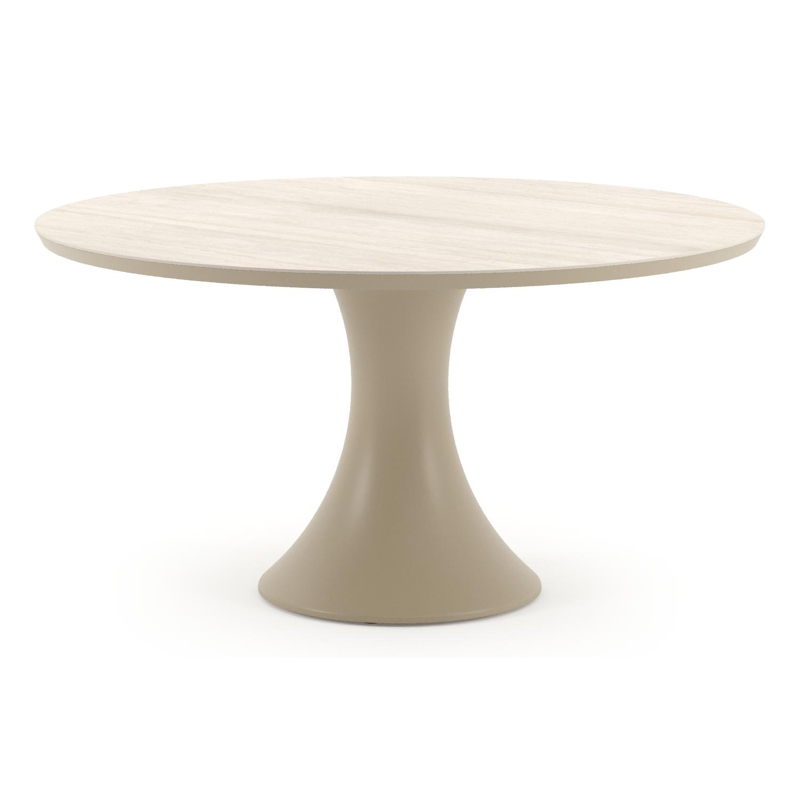 Table de jardin Fano ronde en aluminium beige et céramique pleine Travertino Bianco - Diam. 148 x Haut. 75 cm