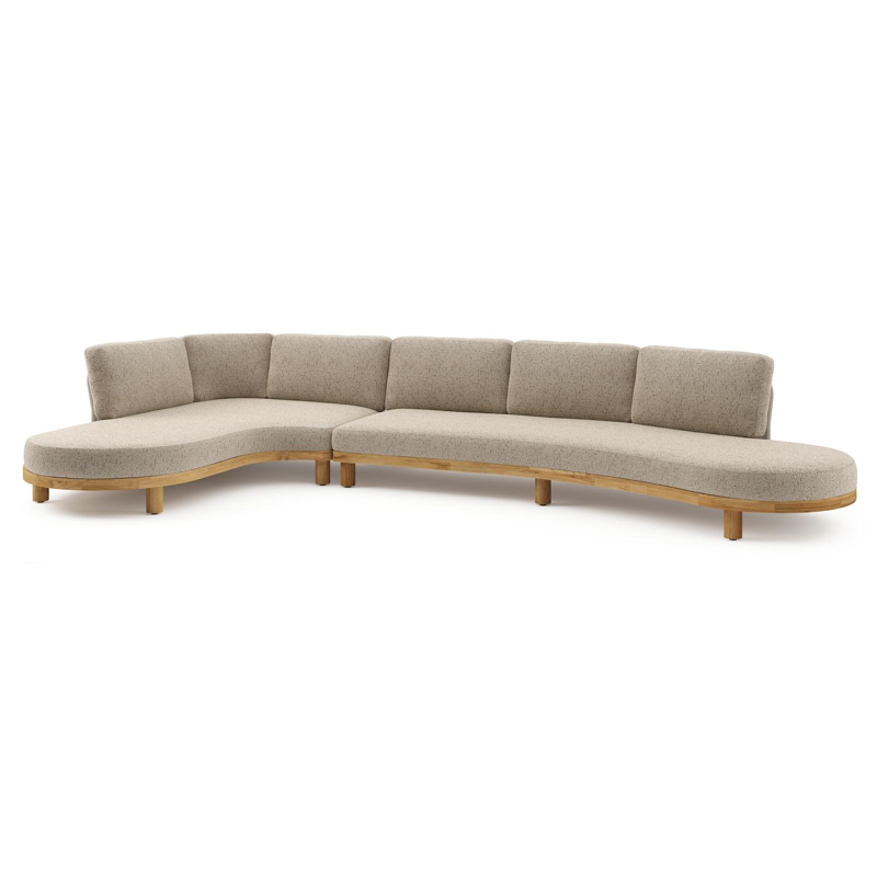 Salon de jardin d'angle Donato en teck et corde ronde tissée verticalement beige et coussins en all weather cosytica Bora Jungle