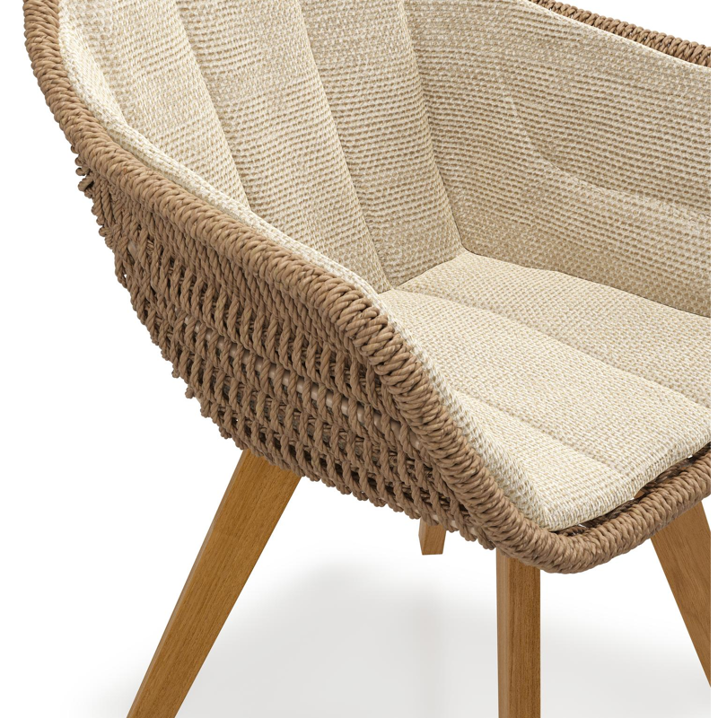 Pagino tuinstoel in teak en bruin ronde wicker met zitkussen in All Weather Cosytica Althea Camel