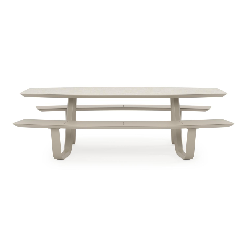 Table de pique-nique Forno forme de bateau en aluminium beige et céramique pleine Shilin - Lg. 240 x Lrg. 181 x Haut. 72 cm