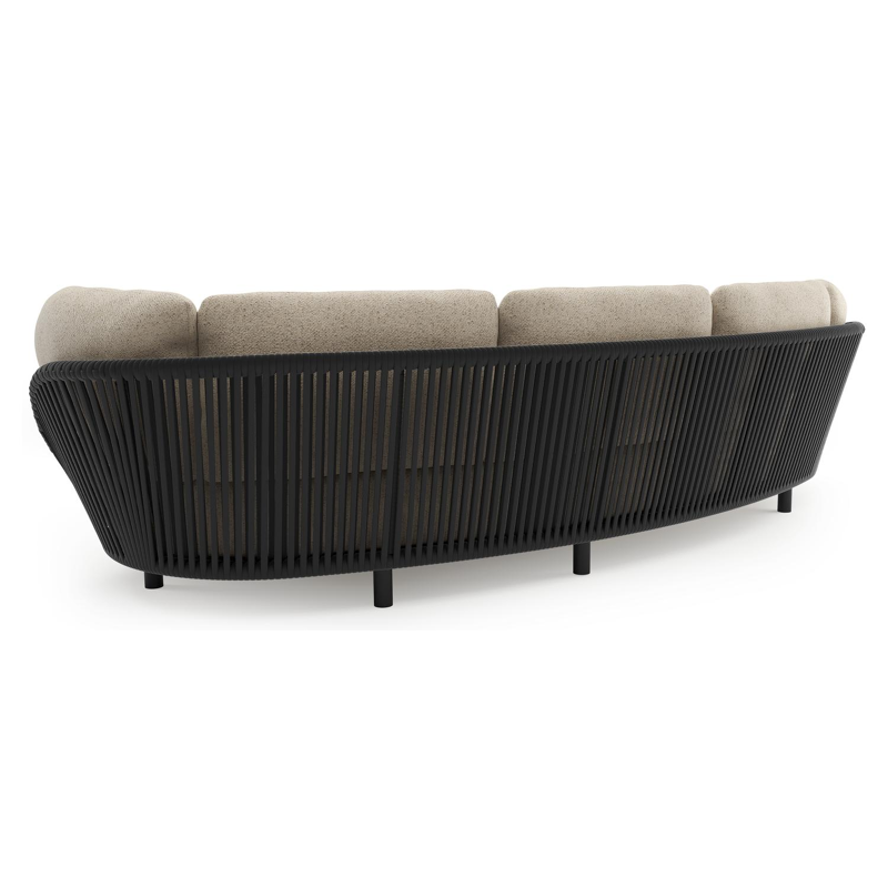 Lupino loungeset in zwart aluminium en zwart verticaal geweven luxe vlakke brede rope met bora desert all weather cosytica kussen