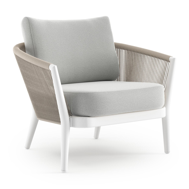 Fauteuil de jardin Orso en aluminium blanc en corde ronde tissée verticalement beige et coussins en all weather sunbrella® luxe Natte Grey Chine
