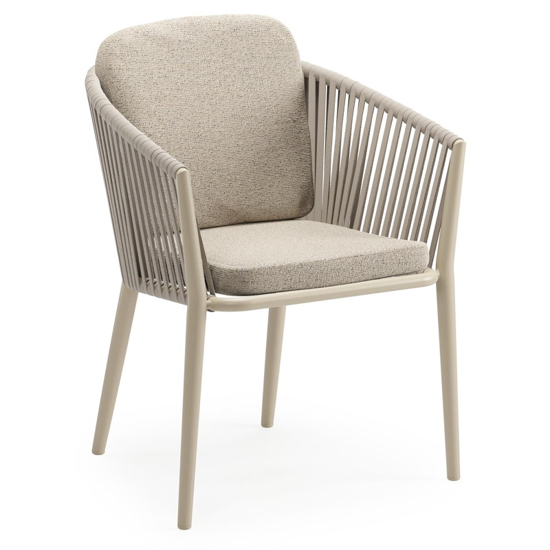 Chaise de jardin Orso en aluminium beige et corde plate tissée verticalement beige avec coussin luxe en All Weather Cosytica Marbella Beige