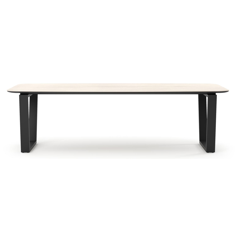 Pagino tuintafel bootvorm in zwart aluminium en volkeramiek Travertino Bianco - L 255 x B 115 x H 73 cm