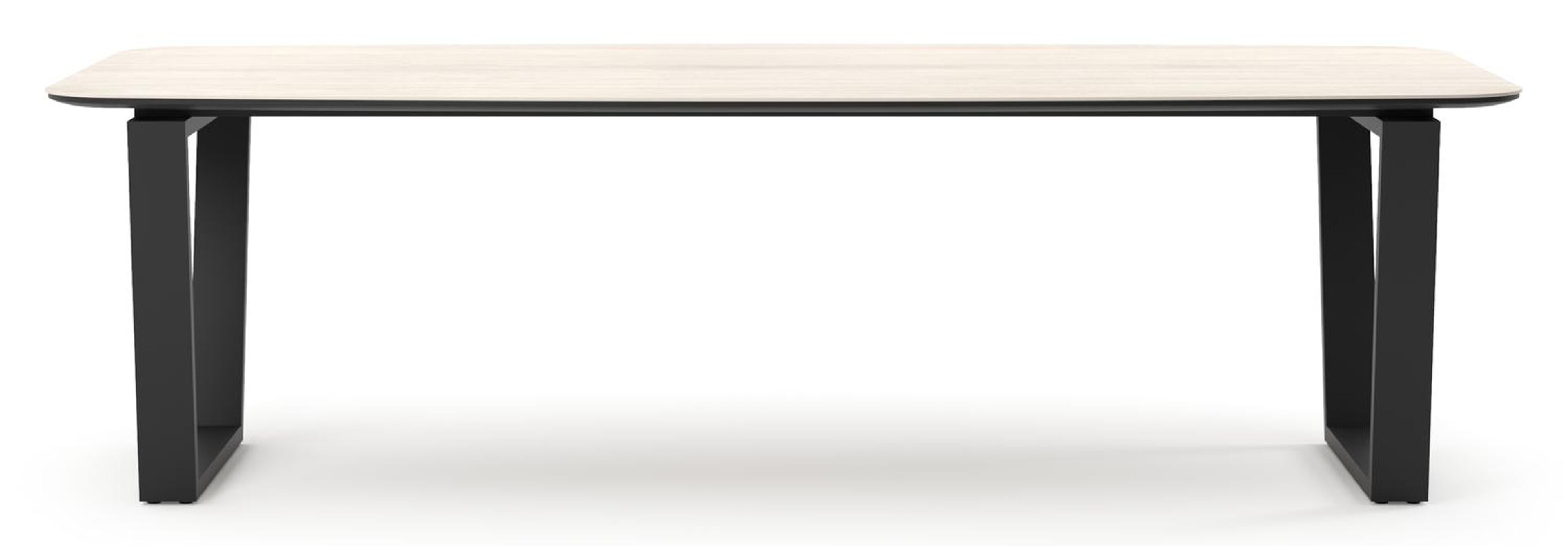 Table de jardin Pagino forme de bateau en aluminium noir et céramique pleine Travertino Bianco - Lg. 255 x Lrg. 115 x Haut. 73 cm