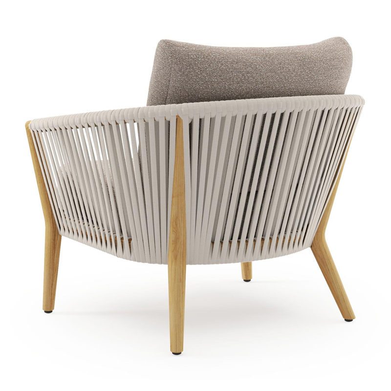 Orso loungestoel in teak en beige verticaal geweven luxe vlakke rope met Wander Manioc all weather sunbrella® luxe kussen
