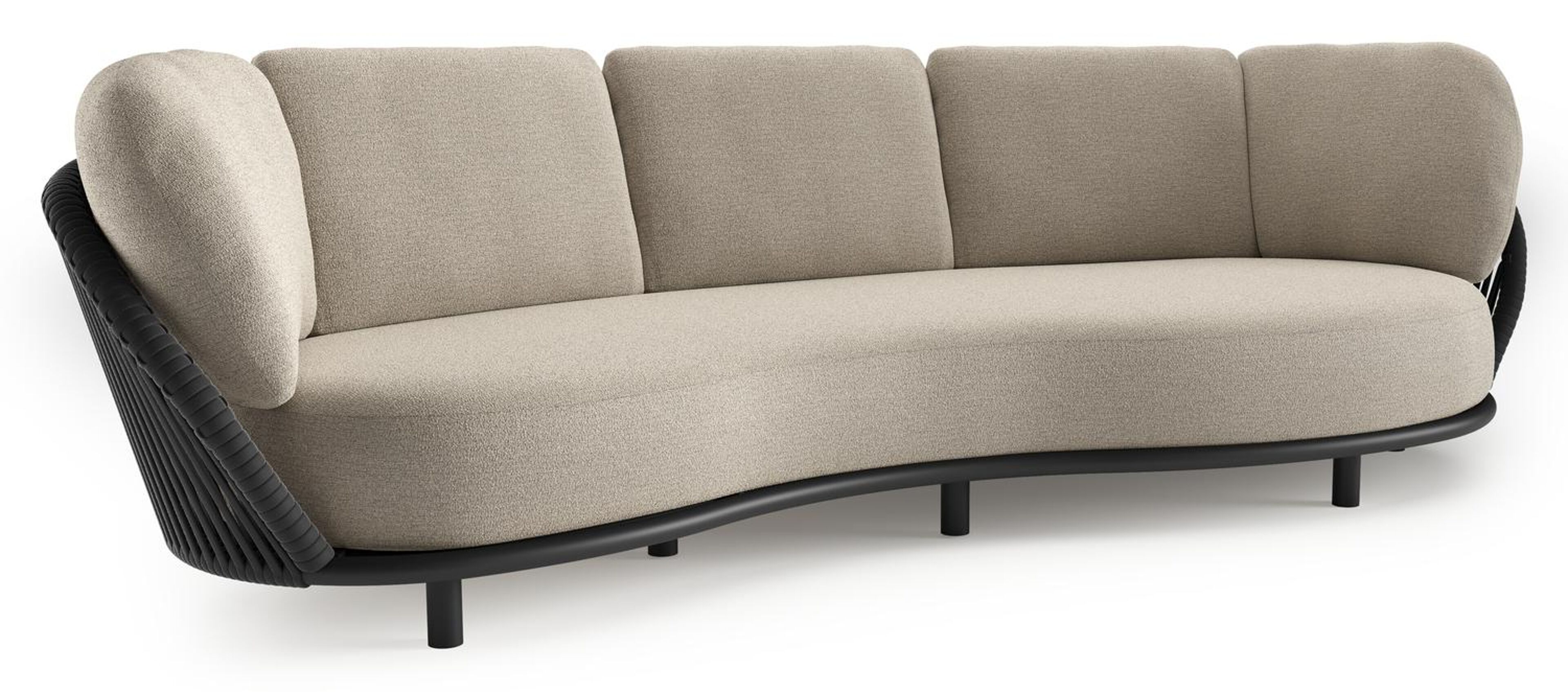 Canapé de jardin Lupino en aluminium noir et corde large plate de luxe tissée verticalement noir et coussins en all weather cosytica catania greige