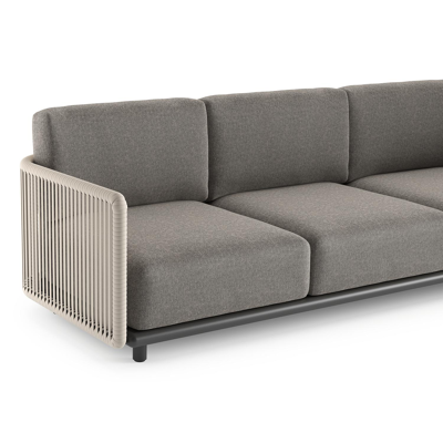 Organo loungehoek in zwart aluminium en beige verticaal geweven luxe vlakke rope met chartres drizzle all weather Sunbrella® luxe kussen