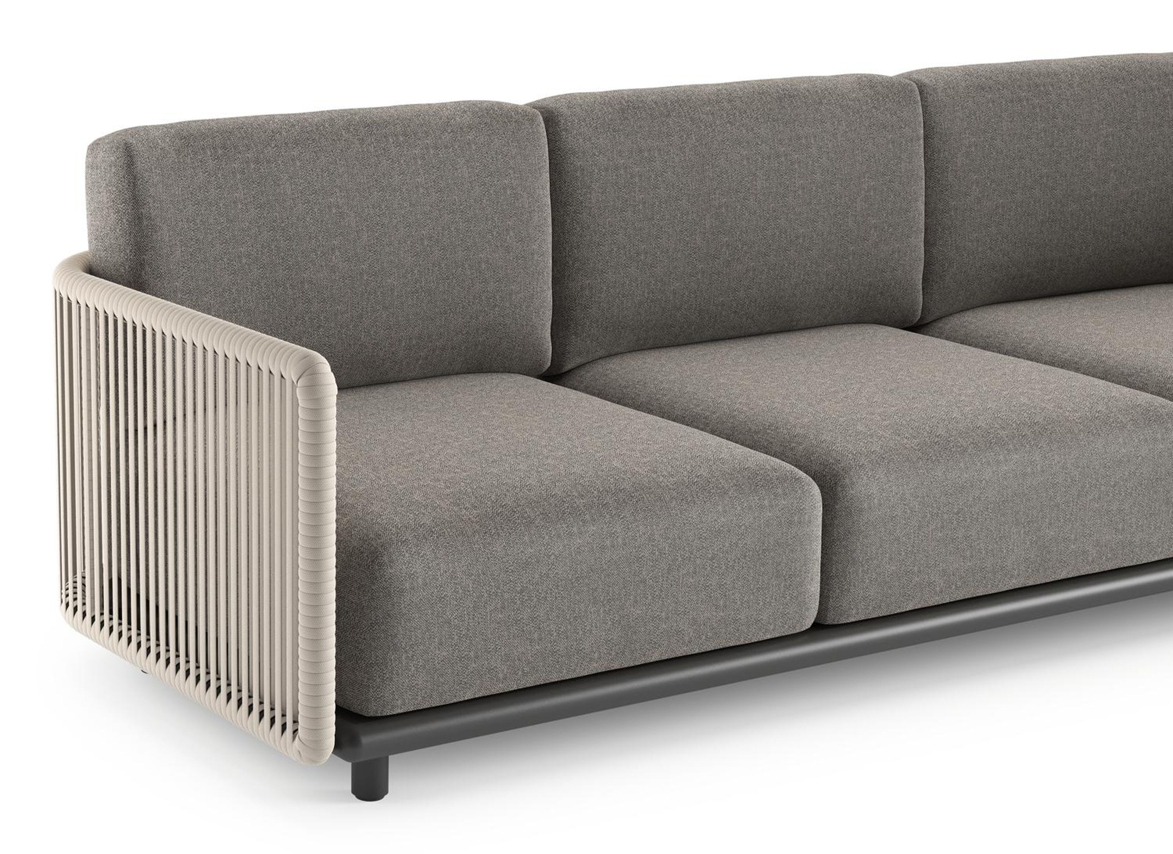 Organo loungehoek in zwart aluminium en beige verticaal geweven luxe vlakke rope met chartres drizzle all weather Sunbrella® luxe kussen