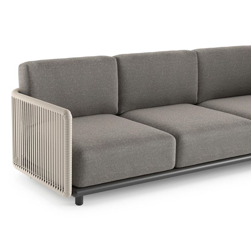 Salon de jardin d'angle Organo en aluminium noir et corde luxe plate tissée verticalement beige et coussin en all weather Sunbrella® luxe chartres drizzle