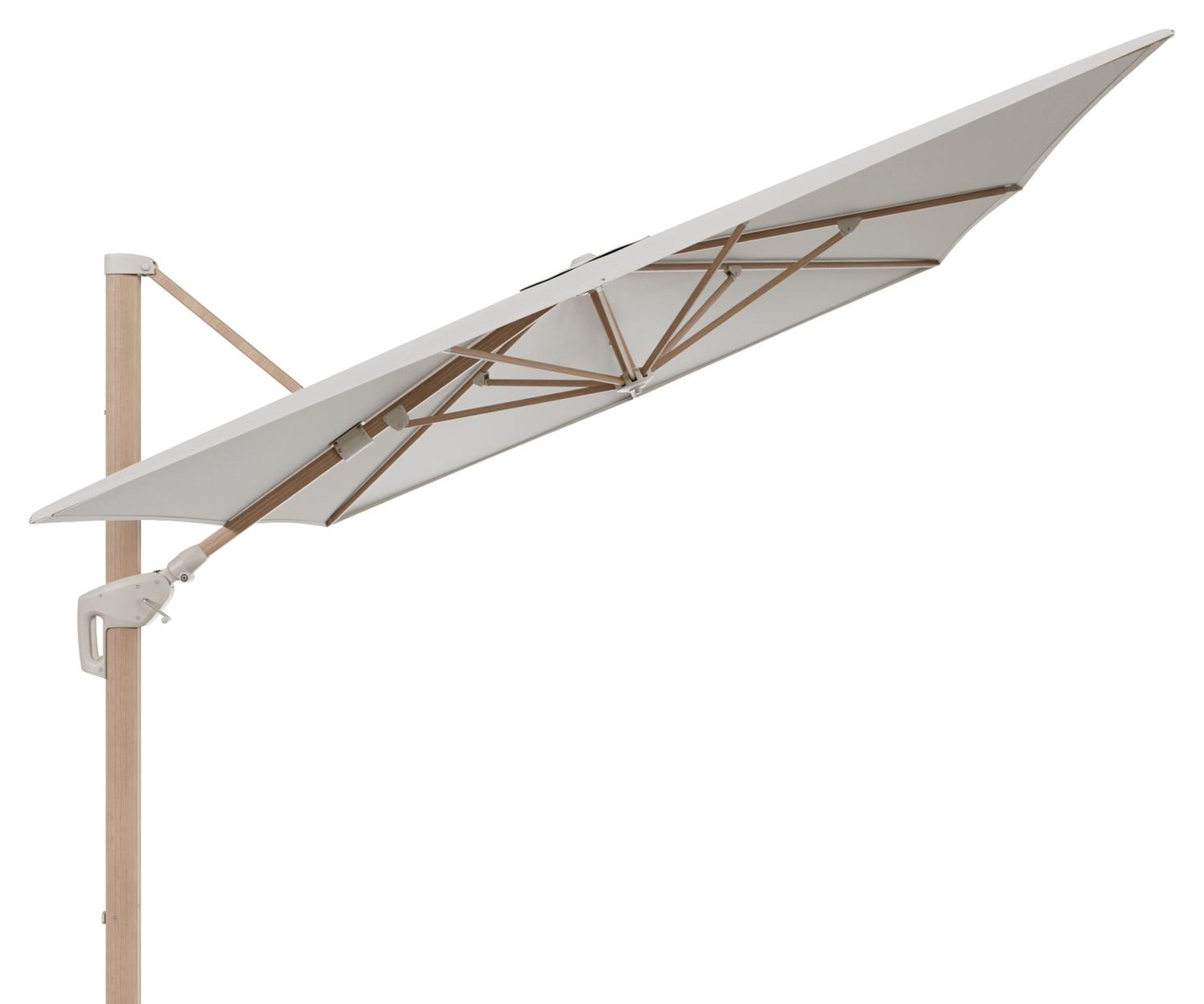 Minore zweefparasol met tiltfunctie in houtlook aluminium en Lopi Marble All Weather Sunbrella® Luxe parasoldoek - L1: 400 x L2: 300 cm (zonder voet)