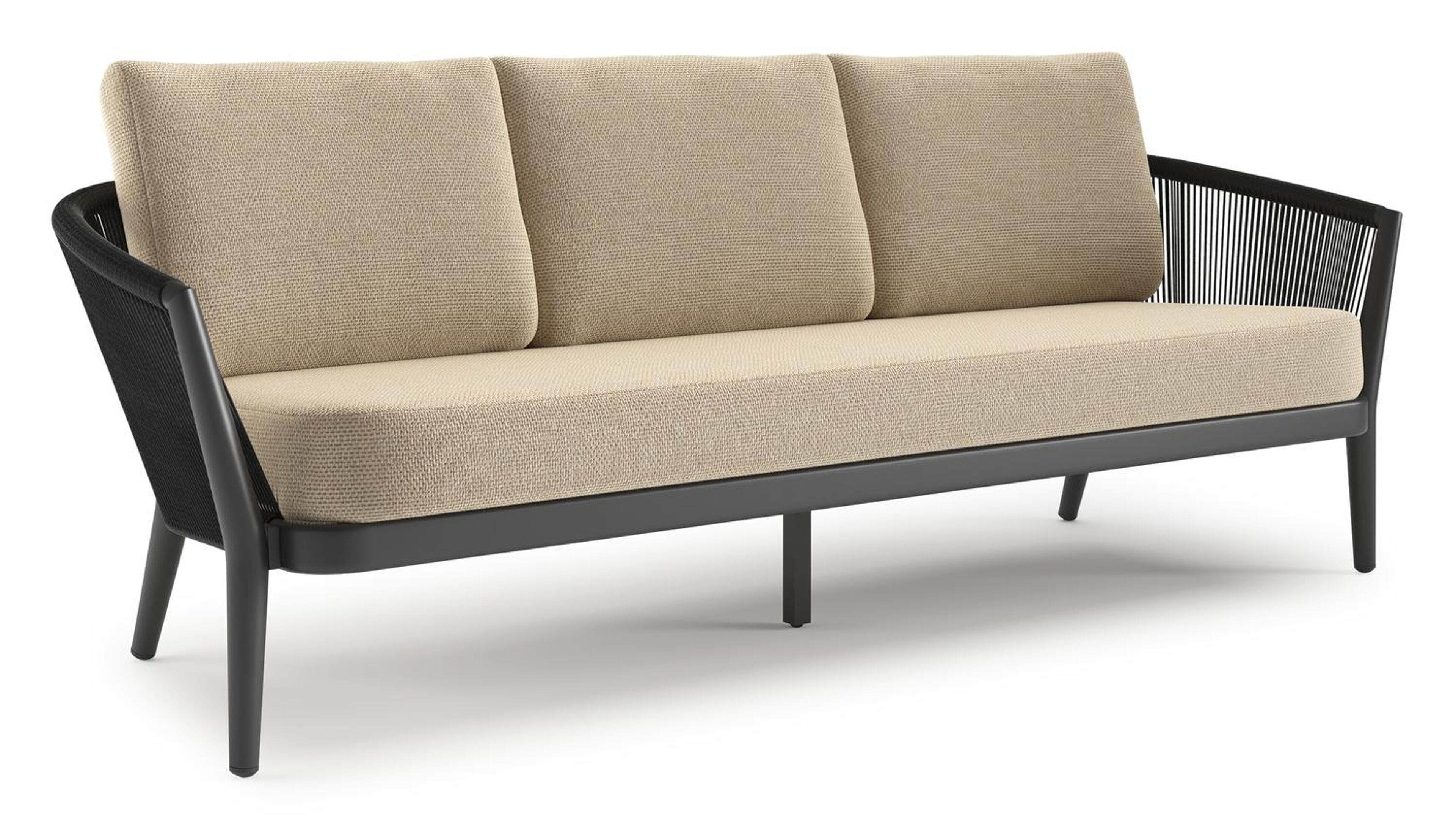 Orso loungebank in zwart aluminium en zwart verticaal geweven ronde rope met Althea Camel all weather cosytica kussen