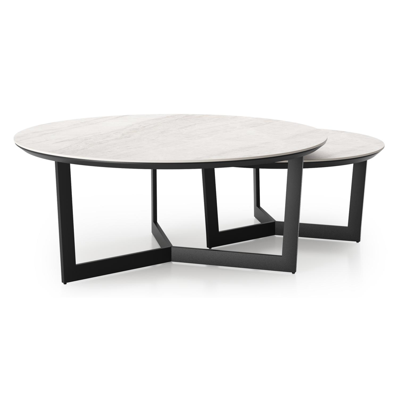 Lacrima set van 2 loungetafels rond in zwart aluminium en volkeramiek Taj Mahal - Dia. 85 x H 35 cm