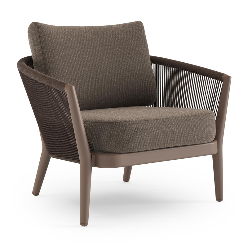 Orso loungestoel in taupe aluminiumen zwart verticaal geweven ronde rope met Lopi Coconut all weather sunbrella® luxe kussen